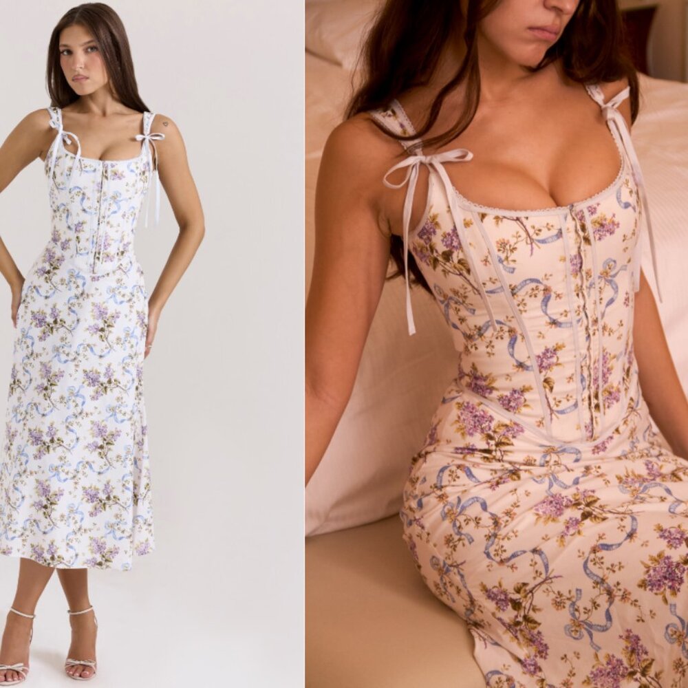 House of CB Dionne off white floral print cotton midi dress NWOT